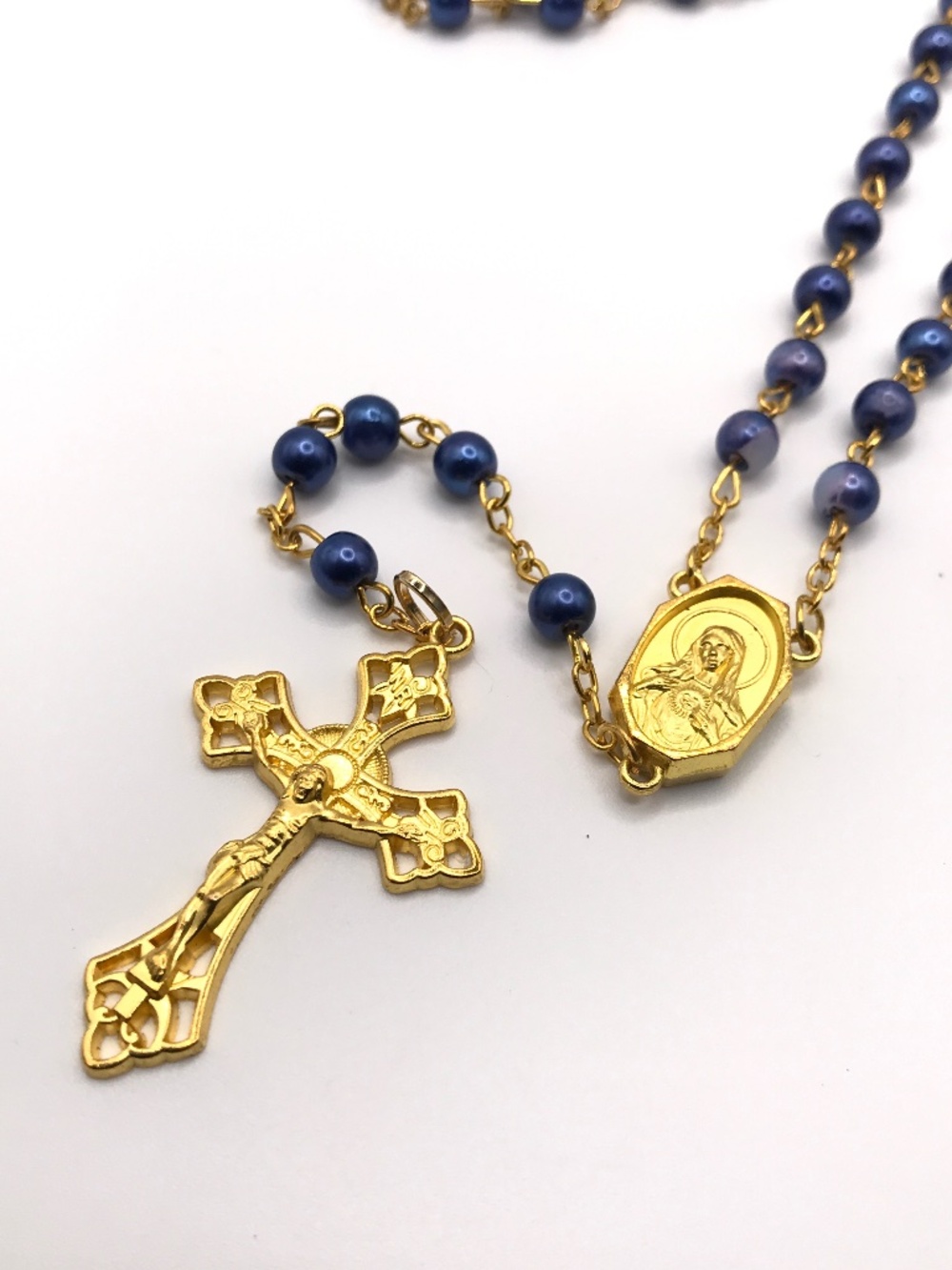 Catholic Rosary Gold Tone Blue Beads Pray For Us Religious Faith Gift